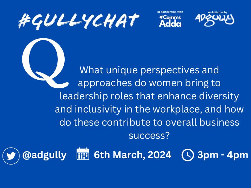 Adgully (@adgully) on Twitter photo How do women's unique leadership styles enhance diversity, inclusion, and business success?
<a href="/trath2017/">tanmana rath</a> <a href="/jyotsna_d_nanda/">Jyotsna Dash Nanda</a> <a href="/EnaChak/">Ena Chakravorty</a> <a href="/AroraAmandeepk/">Amandeep Arora</a> <a href="/bhavyachirps/">Bhavya Sharma</a> <a href="/MouChakravorty/">Mou Chakravorty</a> <a href="/MadhurimaB_1/">Madhurima Bhatia</a>
#WomenInPR #WomenLeaders #PR <a href="/CommsAdda/">CommsAdda</a> How do women's unique leadership styles enhance diversity, inclusion, and business success?
<a href="/trath2017/">tanmana rath</a> <a href="/jyotsna_d_nanda/">Jyotsna Dash Nanda</a> <a href="/EnaChak/">Ena Chakravorty</a> <a href="/AroraAmandeepk/">Amandeep Arora</a> <a href="/bhavyachirps/">Bhavya Sharma</a> <a href="/MouChakravorty/">Mou Chakravorty</a> <a href="/MadhurimaB_1/">Madhurima Bhatia</a>
#WomenInPR #WomenLeaders #PR <a href="/CommsAdda/">CommsAdda</a>