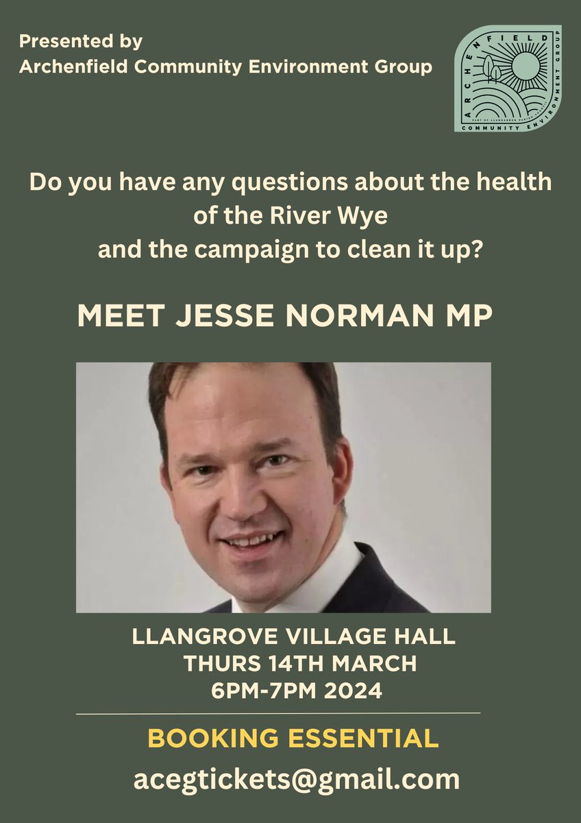 The River Wye is in the headlines for all the wrong reasons. MP Jesse Norman is coming to answer your questions on 14th March. Join us. Book your tickets now.  #riverwye @RiverActionUK @HerefordshireWT @FriendsUpperWye @CPREHfdshire