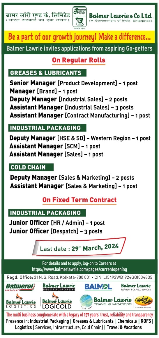 We are hiring! Come join us.
For details and to submit applications, please visit balmerlawrie.com/pages/currento…
#hiring #jobs #opportunities #vacancies #jobalerts #BalmerLawrie
#logistics #gasandoil #coldchainlogistics #induatrialpackaging