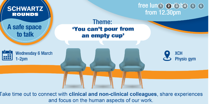 TODAY TODAY TODAY TODAY
Schwartz Round <a href="/UHD_NHS/">University Hospitals Dorset NHS Foundation Trust</a> in Christchurch physio gym for staff.  Theme is linked to our UHD Wellbeing principle of self-care.  Lunch available from 12.30pm.  Please share with staff. #ThriveLive #SchwartzRound <a href="/SorchaDossitt/">Sorcha Dossitt (she/her)💙</a>