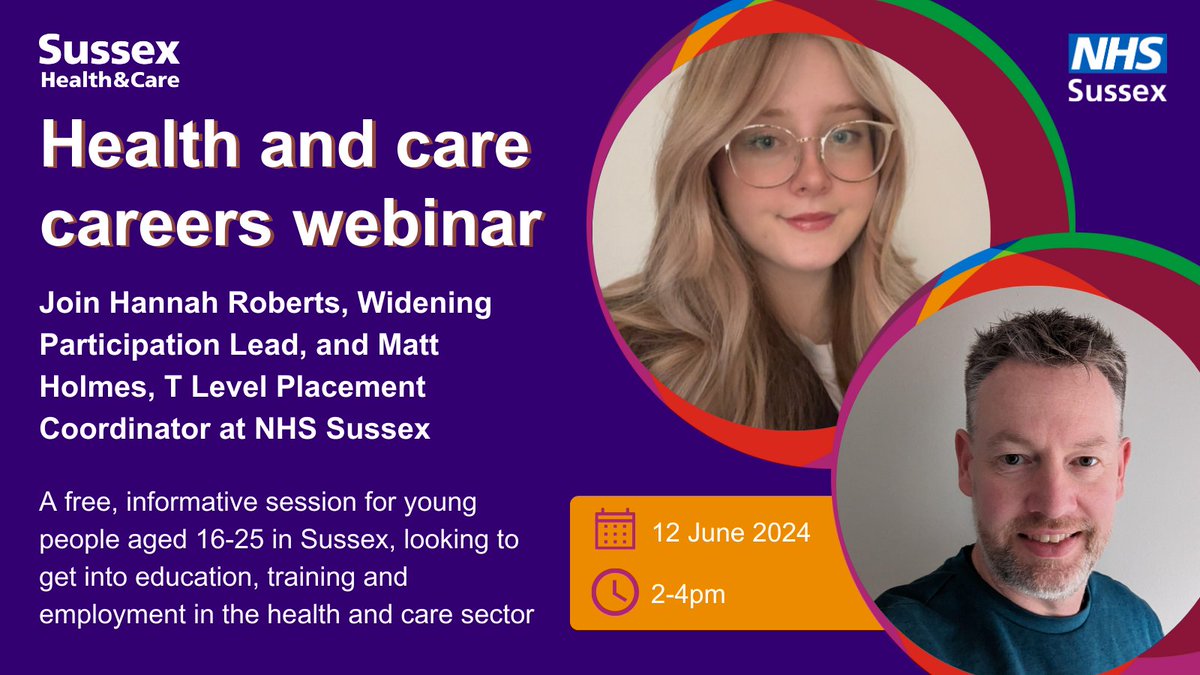There are so many roles in the NHS and social care, and many different ways to get there. So where do you start? Hannah and Matt @NHSSussex are here to help with our first ever careers webinar for young people this June! Register online: ow.ly/yOg350QJXM6 #NCW2024