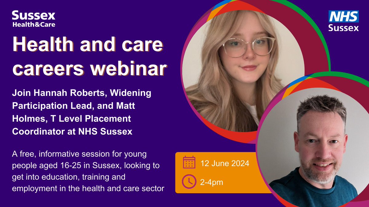 Sussex Health & Care (@sxhealthandcare) on Twitter photo There are so many roles in the NHS and social care, and many different ways to get there. So where do you start?
Hannah and Matt <a href="/NHSSussex/">NHS Sussex News</a> are here to help with our first ever careers webinar for young people this June!
Register online: ow.ly/yOg350QJXM6
#NCW2024 There are so many roles in the NHS and social care, and many different ways to get there. So where do you start?
Hannah and Matt <a href="/NHSSussex/">NHS Sussex News</a> are here to help with our first ever careers webinar for young people this June!
Register online: ow.ly/yOg350QJXM6
#NCW2024