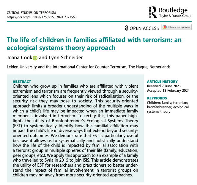 Joana_Cook's tweet photo. How are the lives of children affected when their parents are involved in terrorism? In many ways beyond just their 'risk' of following in their footsteps as Lynn Schneider and I demonstrate. The article is open access and is an output of @PREPARE_EU. 

https://t.co/X9KpB2dMKi https://t.co/yQiRie2Xzu