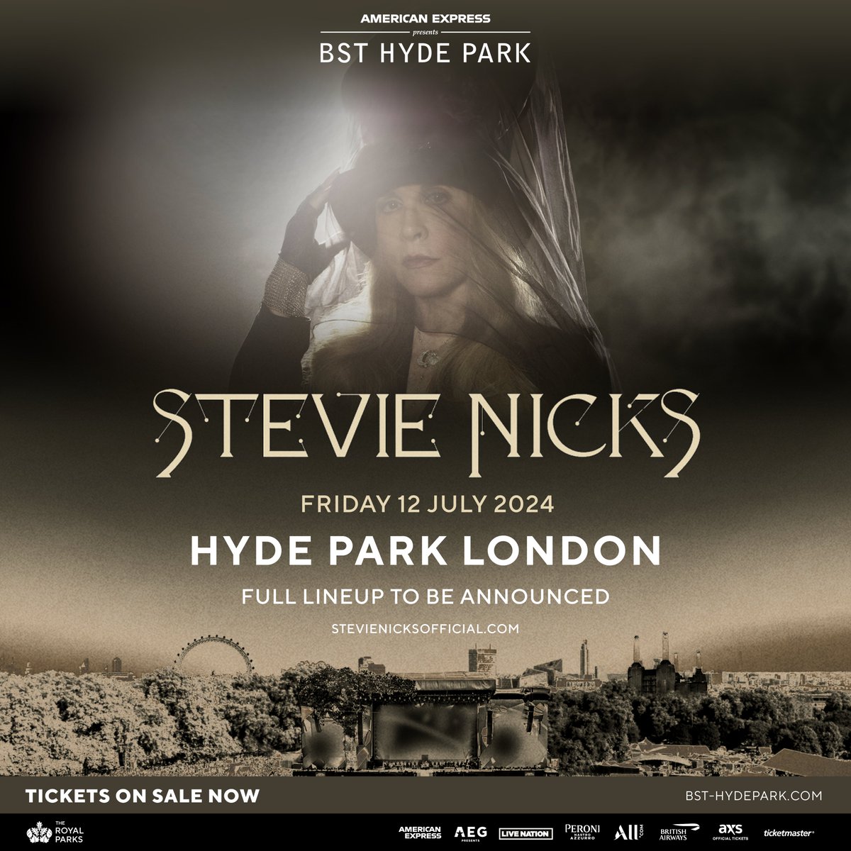 On sale now! Join @StevieNicks for a very special headline show at American Express presents BST Hyde Park on Friday 12 July ✨ Book your tickets now at bst-hydepark.com/events/stevie-… VIP tickets, hospitality packages and payment plans are available. #BSTHydePark #StevieNicks