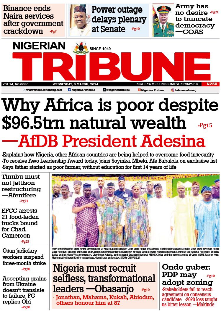 absmag's tweet image. Saw the front cover of the Tribune today and must say I'm extremely disappointed with what I saw. The Alake of Egba land not in the first row and not even mentioned by the Tribune as one of the VIPs. This is so wrong by the organisers and also the Tribune a SW based newspaper👎🏾