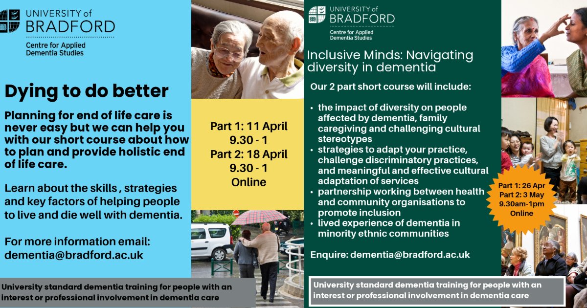 Dementia training dates for the diary! In April we have these essential topics: Dying to do better: how to provide holistic end-of-life dementia care, delivered by Professor Karen Windle Inclusive Minds: Navigating Diversity in Dementia, delivered by Dr Sahdia Parveen