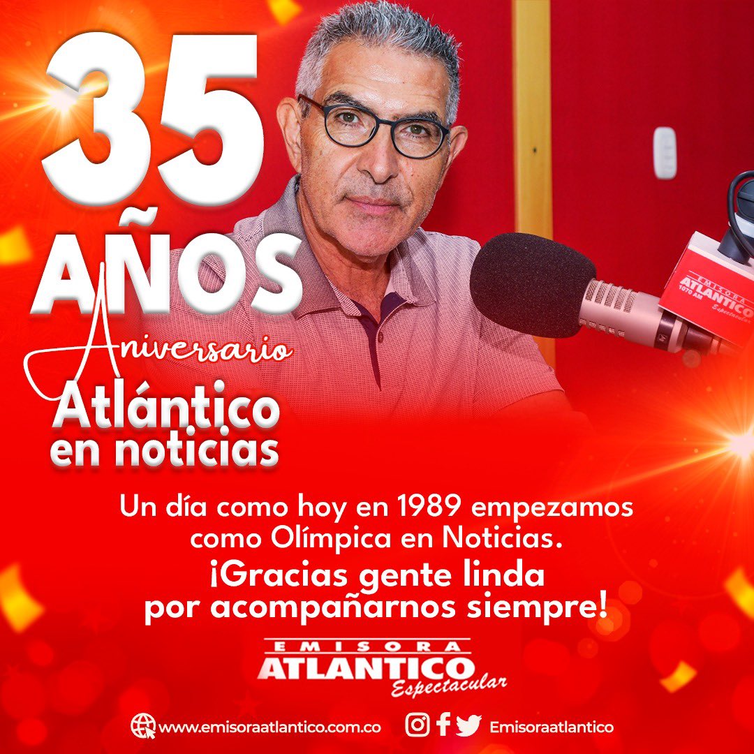 AtlanticoEmi's tweet photo. ¡Estamos de celebración!🎉

🗓️ Un día como hoy de 1989 en Olímpica AM 📻 nació el noticiero número 1 del Atlántico, el que trabaja por la gente linda, “Atlántico en Noticias”.

¡Gracias gente linda por acompañarnos siempre, esperamos seguir contando con su sintonía! 🎙️📻 https://t.co/0AiMGewVal