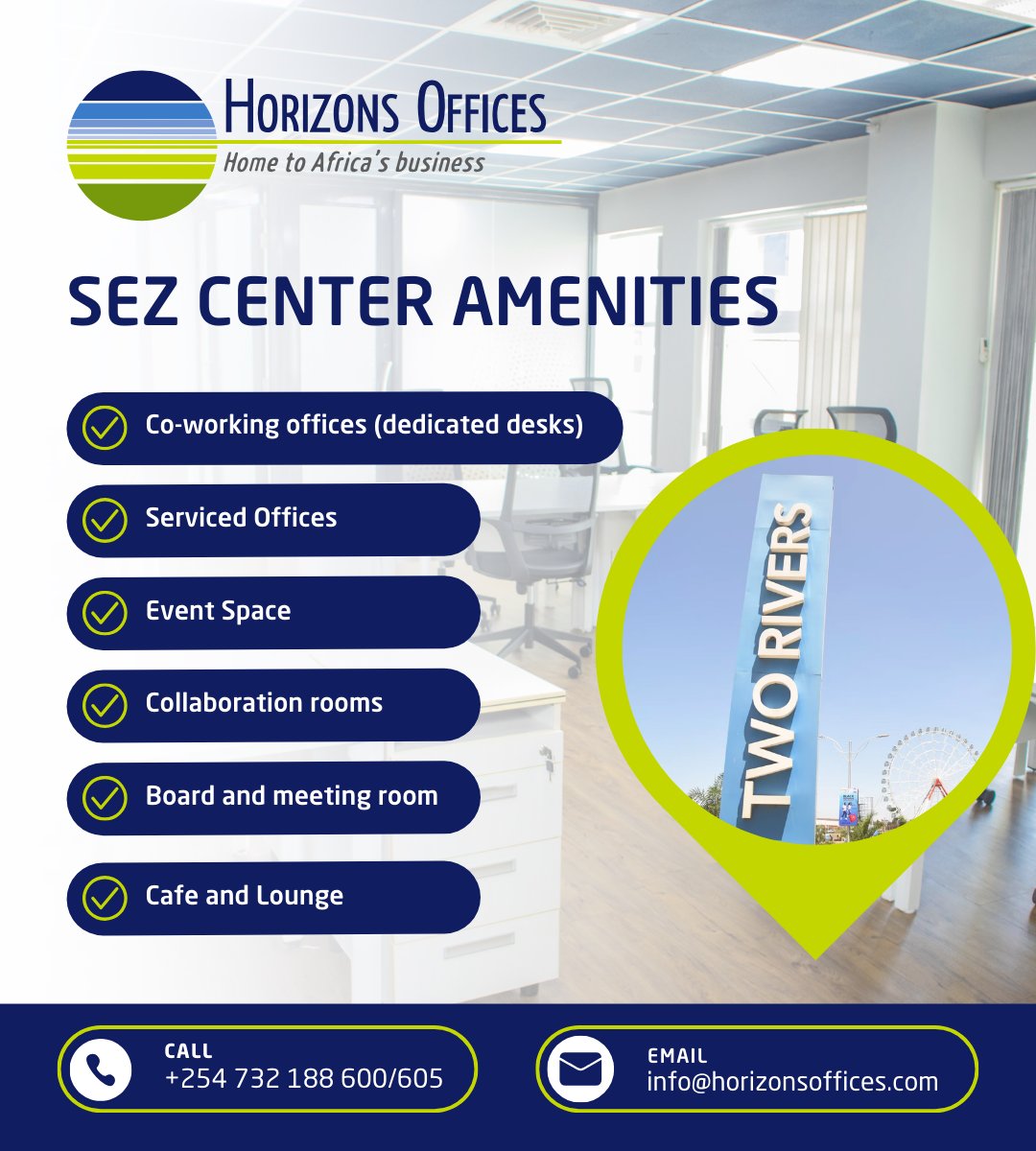 Horizons_KE's tweet image. Discover the luxe amenities at our New Center at the Two Rivers, Special Economic Zone! Elevate your workspace experience with state-of-the-art serviced offices, vibrant co-working spaces, high-speed internet, modern meeting rooms and more! #NewCenter #WorkspaceExcellence