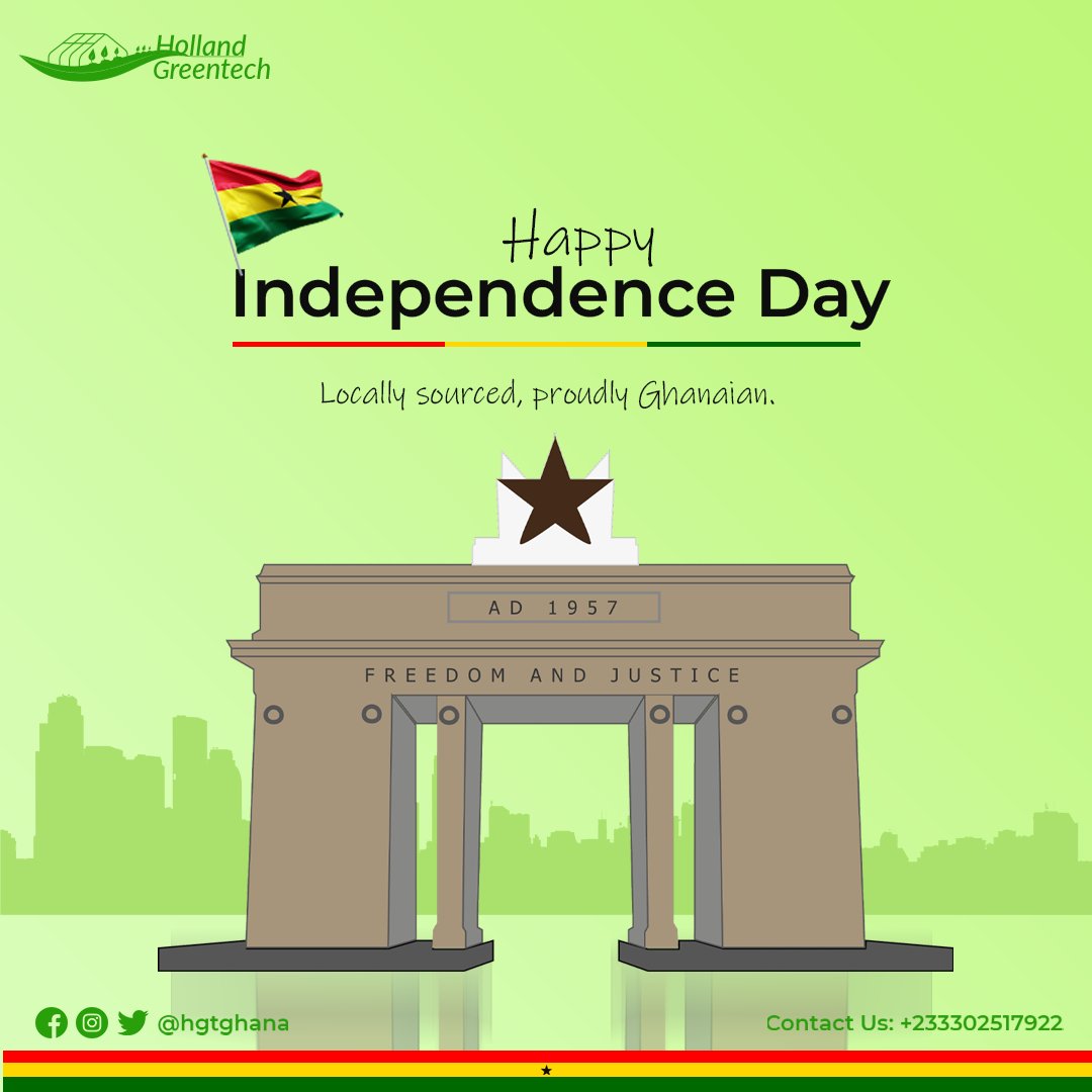 Happy Independence Day to our beloved Ghana! 

Let's honor the sacrifices of our forefathers by fostering sustainability and ecological harmony. 

Cheers to a greener tomorrow!
#HappyIndependenceDay #Ghana #Freedom #Unity
#Sustainability #HollandGreentech