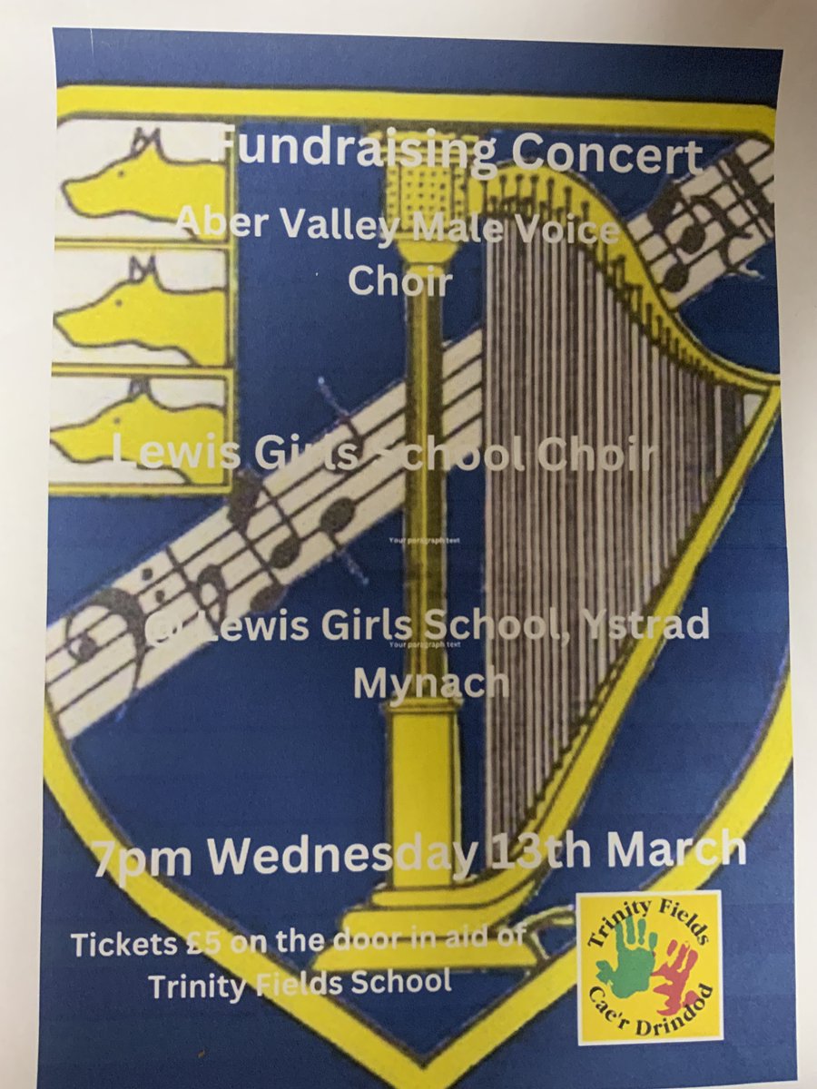 On 13th March at 7pm, Aber Valley Male Voice Choir are holding a concert along with Lewis Girls School to raise funds for Trinity Fields. If you would like to attend, you can get tickets on the door or ask your class teacher. Tickets are £5 per person. @lewisgirlssch