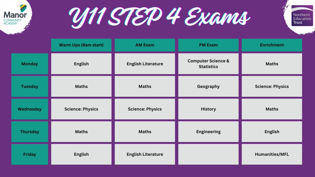 💜Y11 STEP 4 Exams 💜

All students are expected to attend warm ups which start at 8am and enrichment which runs from 2:30pm - 3:30pm.

👏Warm up - Maths
🤩AM Exam - Maths
📚PM Exam -Engineering
💜Enrichment - English