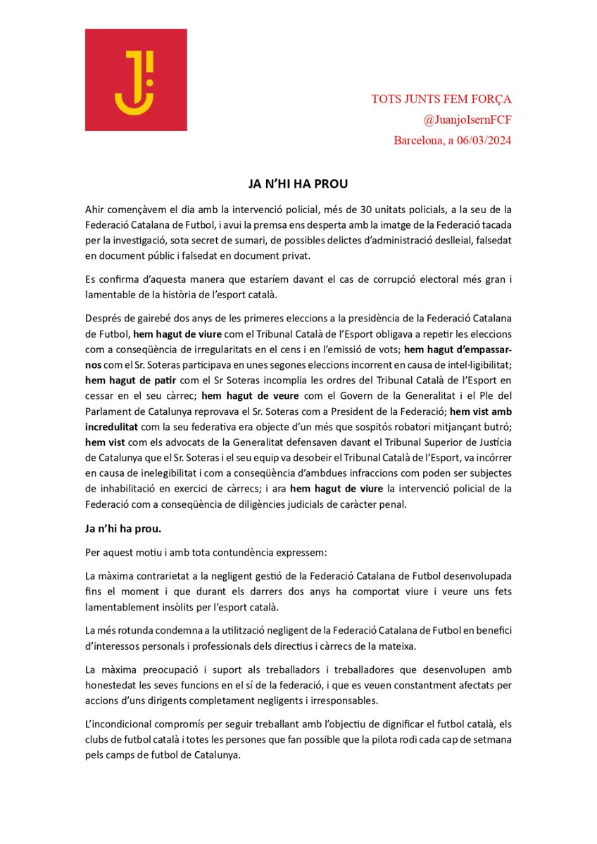 Tots Junts Fem Força (@juanjoisernfcf) on Twitter photo 🔴 'Ja n'hi ha prou'
📄 Comunitat oficial de Tots Junts Fem Força sobre el registre policial a la seu de la <a href="/FCF_CAT/">Federació Catalana de Futbol</a>
#futbolcat #futsalcat
<a href="/govern/">Govern de Catalunya</a> <a href="/parlamentcat/">Parlament de Catalunya</a> <a href="/UFECcat/">Unió de Federacions Esportives de Catalunya</a> <a href="/esportcat/">Esports</a> 🔴 'Ja n'hi ha prou'
📄 Comunitat oficial de Tots Junts Fem Força sobre el registre policial a la seu de la <a href="/FCF_CAT/">Federació Catalana de Futbol</a>
#futbolcat #futsalcat
<a href="/govern/">Govern de Catalunya</a> <a href="/parlamentcat/">Parlament de Catalunya</a> <a href="/UFECcat/">Unió de Federacions Esportives de Catalunya</a> <a href="/esportcat/">Esports</a>