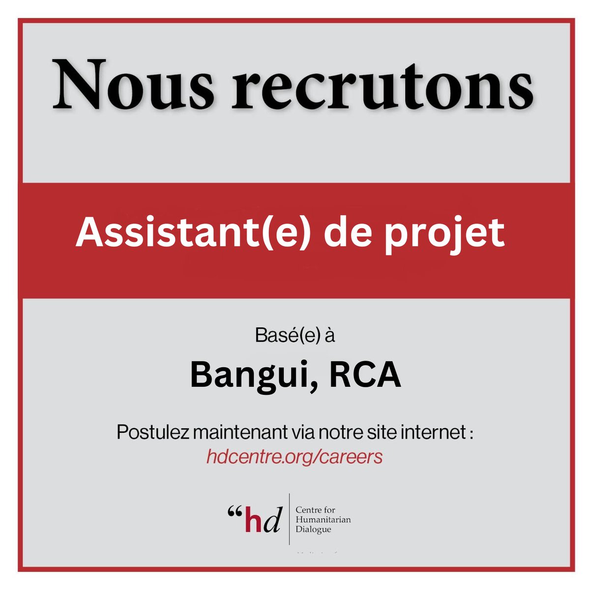 Le Centre pour le dialogue humanitaire recherche actuellement un(e) assistant(e) de projet - République centrafricaine. Postulez maintenant 👉 hdcentre.org/fr/careers/ass…