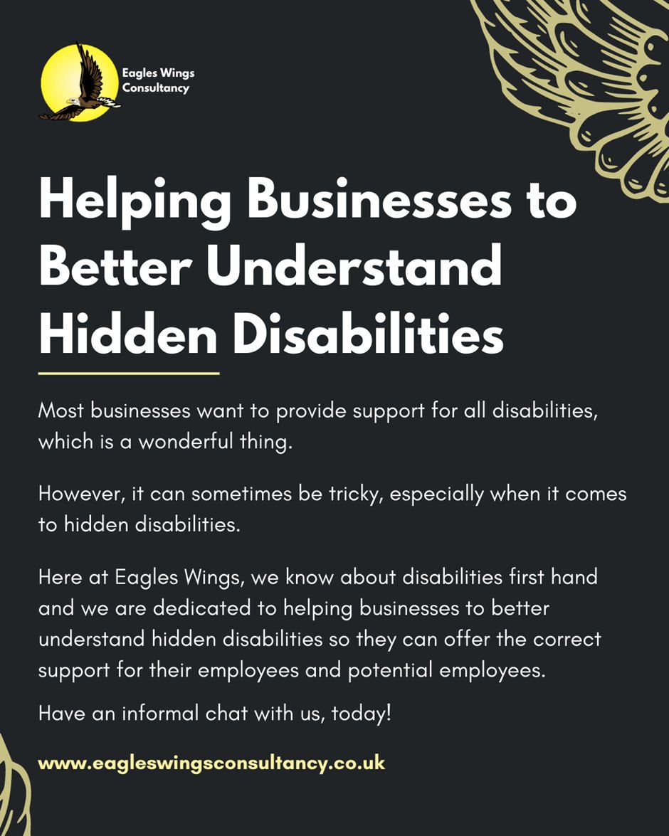 #HelpingBusinesses  #HiddenDisabilities #Support #Dedicated #InformalChat

#EaglesWingsConsultancy #DisabilityConsultant #DisabilitySpecialist #ExpertByExperience #TurningDisabledToEnabled eagleswingsconsultancy.co.uk  X – @EWConsultancy