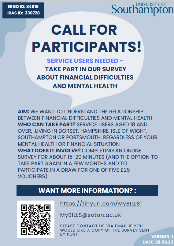 Service users needed for brief survey about money and mental health - see more info below @MYBILLS_NIHR @Southern_NHSFT