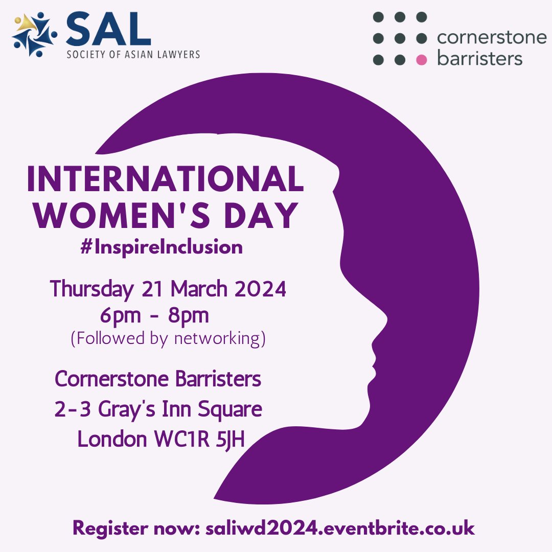 Join us as we celebrate #InternationalWomensDay2024 on 21.03.24 with @cornerstonebarr. Speakers are: 🔊 Kuljit Bhogal KC - Barrister, Recorder & Author 🔊 Manjinder Nagra - President of @sussexlawsoc #InspireInclusion #networking It's a FREE event. Saliwd2024.eventbrite.co.uk