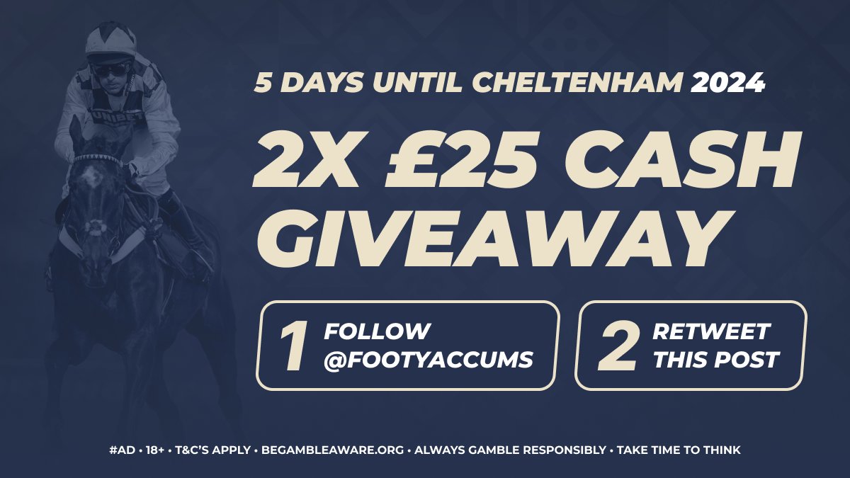 CHELTENHAM CASH GIVEAWAYS! 🚨

WE WILL BE GIVING 2x £25 CASH TO TWO FOLLOWERS EVERY DAY IN THE LEAD UP TO #CHELTENHAMFESTIVAL 🏇🏻

RT &amp; FOLLOW US TO ENTER! ✅

Winner picked TONIGHT @ 10pm - good luck! 🙏