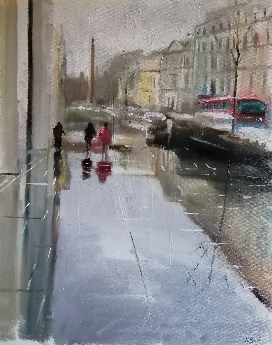 Piccadilly in the rain. Oil on canvas 40x50cm rosemaryburnartist.com #art #artgallery #artcollector #dailypainter #contemporarypainting #contemporarybritishpainting #britishpainter #cityscape #london #train #figurativepainting #weather #water
