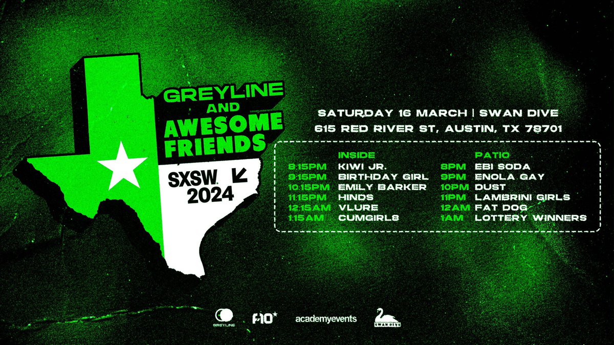 Incredibly proud to announce these fantastic line-ups playing my Awesome Friends stage @sxsw with @greylinelive