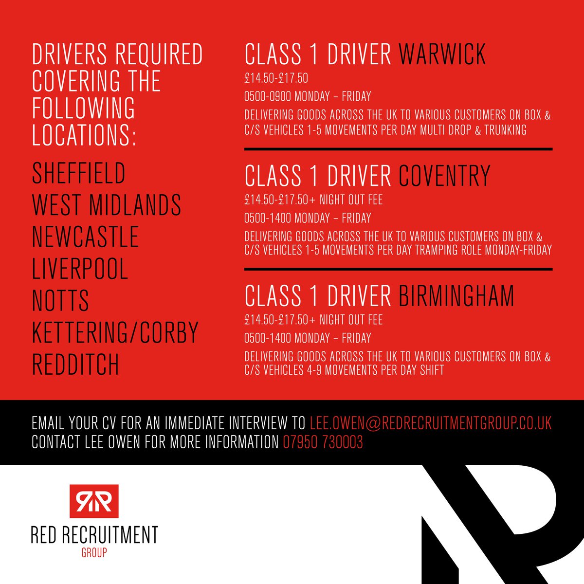 Here are our latest vacancies with opportunities across the UK...

If you're interested in any roles we have available, get in touch with our team at Red Recruitment today.

#warwick #coventry #birmingham #warwickjobs #covjobs #brumjobs #careers #recruitment #nottsjobs