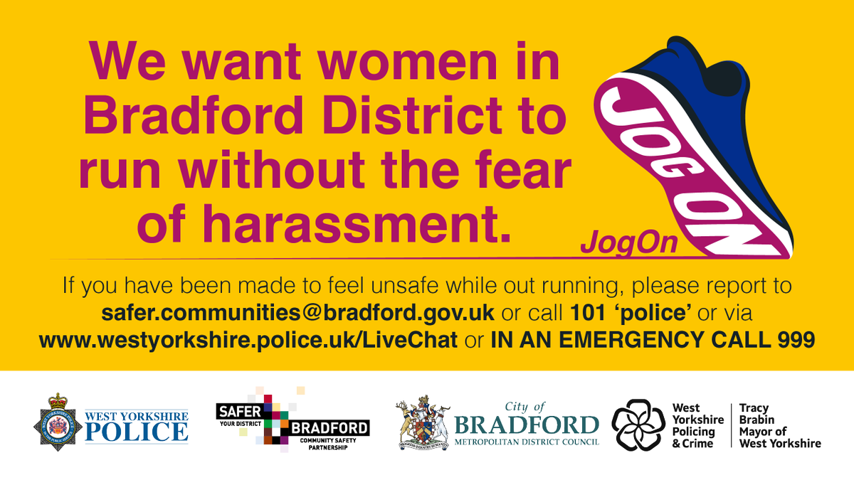 bradfordmdc's tweet photo. We are telling anyone who harasses female runners to JogOn. If you experience abuse on your run, report it to community.safety@bradford.gov.uk. Our video explains how together we can stop this behaviour  https://t.co/zR7OFCaO1W https://t.co/M3bjCjO8P7