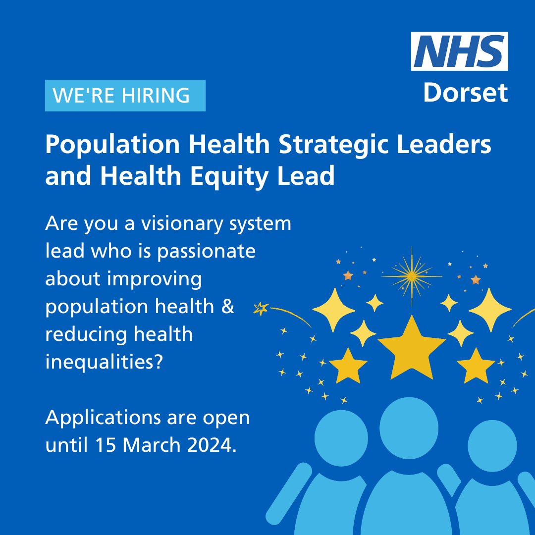 We're #hiring three Population Health Strategic Leads & a Service Equity and Inclusion Health Lead 👋 Apply now👇 ▶️ Health Inequalities: bit.ly/3Iq3SWC ▶️ PHM: bit.ly/3V6J8Lm ▶️ Prevention: bit.ly/49YkeS7 ▶️ Health Equity Lead: bit.ly/49YkeBB