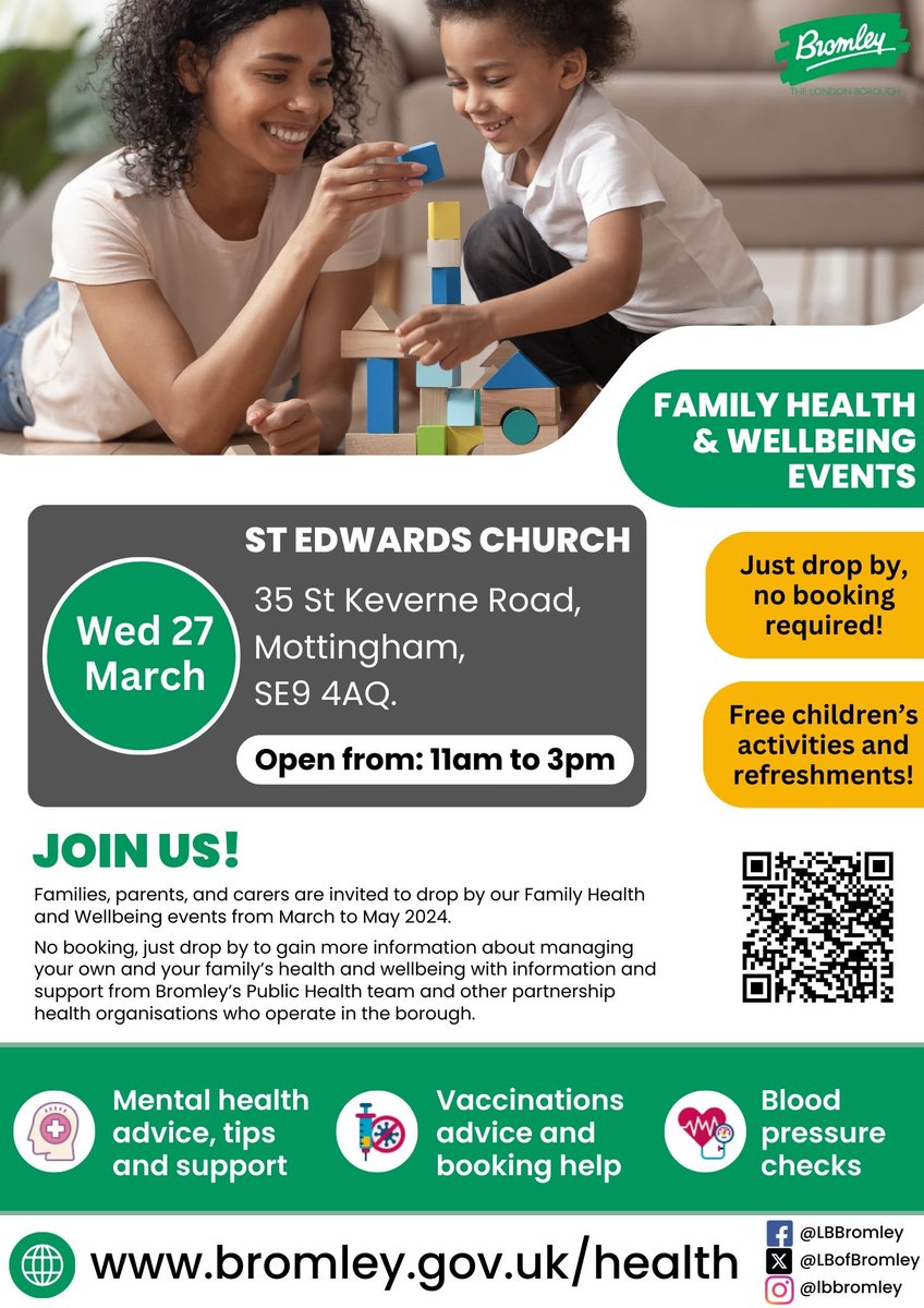 #Mottingham families, parents, and carers are invited to our Family Health and Wellbeing event. 27 March 11am-3pm No booking, just drop by to gain information for you and your family’s health and wellbeing. Free children activities & refreshments 🙂 @MBLR_Mott @mottchampions