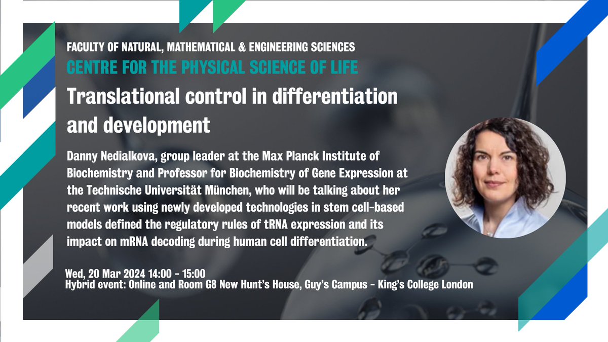 KCLPSoLCentre's tweet image. Come and join us for the first Centre for the Physical Science of Life seminar with Prof Danny Nedialkova!  

To register, click here👉eventbrite.com/e/translationa…

🗓️ Wed, 20th March 2023, 14:00-15:00, Room G8 New Hunt&apos;s House OR Online