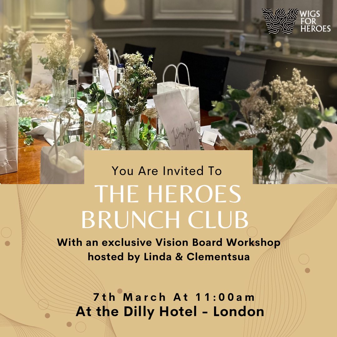 Final spots left for the Heroes Brunch Club tomorrow hosted by the iconic Dilly Hotel London with an exclusive Vision Board workshop! If you have been affected by cancer we would love to see you there. TIA free event for Wigs for Heroes members tap link wigsforheroes.org/booking