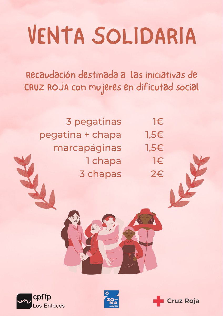 ¡Venta solidaria! Días 8, 11, 12 y 13 en el recreo de la mañana y días 8 y 12 en el recreo de la tarde, os esperamos en el puesto solidario 8M en el hall. Lo recaudado se destinará a las iniciativas de Cruz Roja con mujeres en dificultad social. @cruzroja_zgz @zonajovenlosenlaces