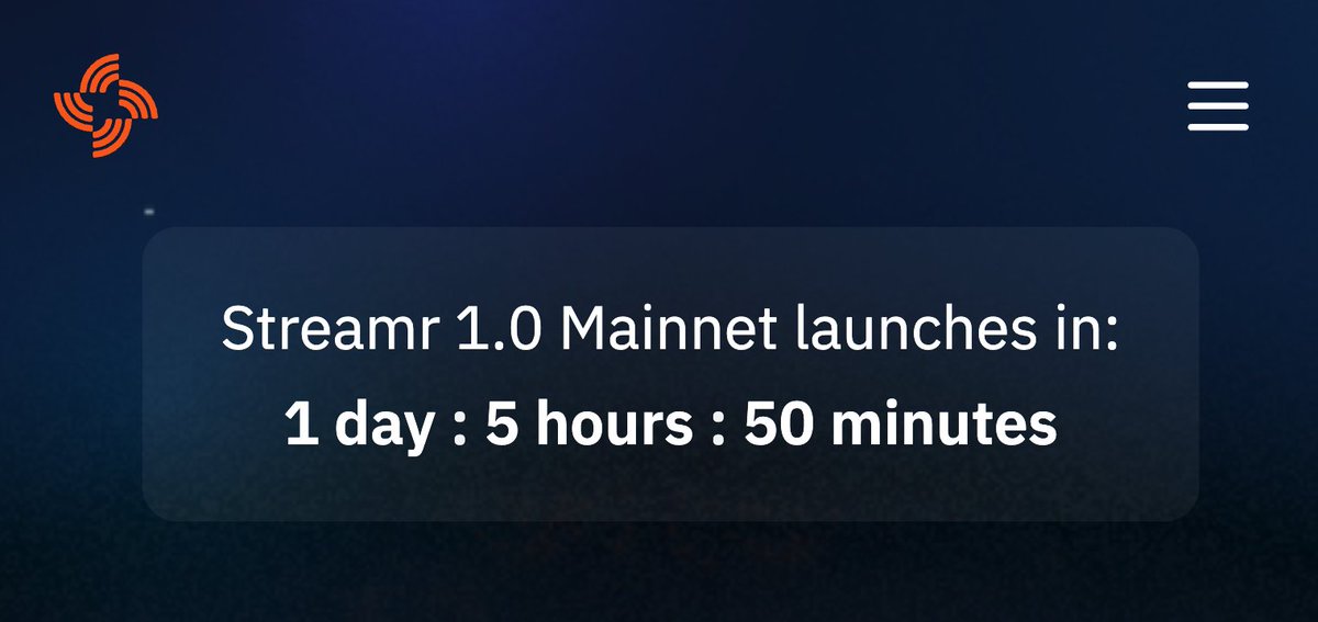 Streamr's tweet photo. The final countdown has begun! ⏲️ The #Streamr 1.0 mainnet is set for launch 🚀 

✨ Thursday 7th March at 16:00 UTC ✨ https://t.co/DRP4BYtTbJ
