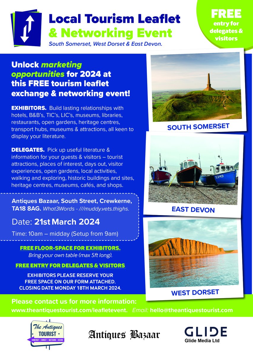 21 March 2024 – from 10am until midday. A new leaflet exchange and networking event, at Antiques Bazaar, Crewkerne. Good parking, easy access, catering trailer onsite. For more information please call Anthony Bucke on 07854 377649