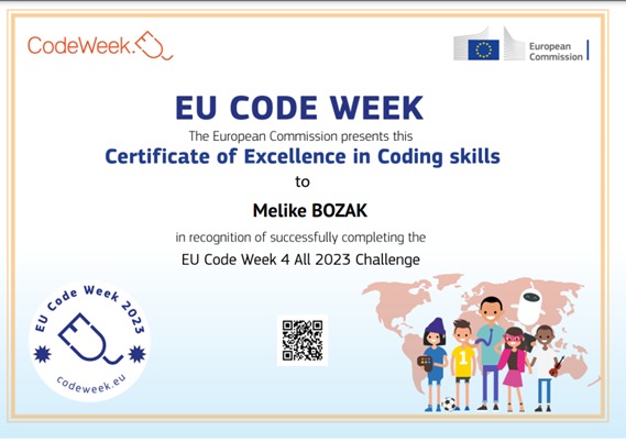 Antalya072020's tweet image. Kodlama Becerilerinde Mükemmellik Sertifikam 
 #Codeweek2023 🌐
#YapayZeka 🤖
@tcmeb
@emre_caliskan
@denizlimem
@ArgeDenizli
@YTEMEL3
@CodeWeekEU
@CodeweekTurkiye