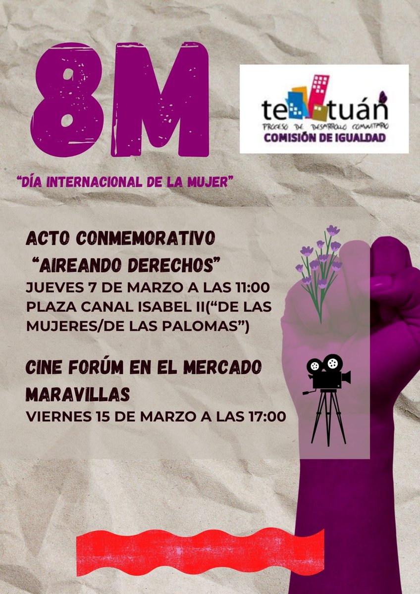 Mañana a las 11 de la mañana, tendremos un acto de la comisión de igualdad del <a href="/PDCTetuan/">Proceso Desarrollo Comunitario Tetuán</a> . Será en la plaza de las palomas. ¡Os esperamos! 💜💪💜 #8Marzo
