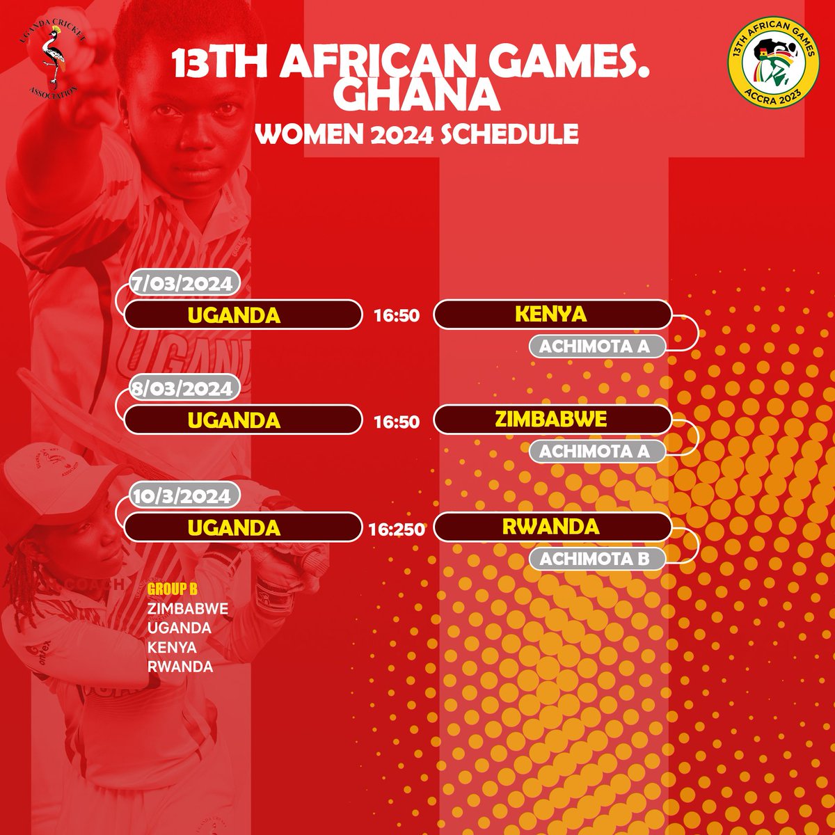 Fixtures for the Victoria Pearls at the African Games in Ghana.  

The official hashtag to support the girls is #LetsGoVictoriaPearls 

@CricketUganda