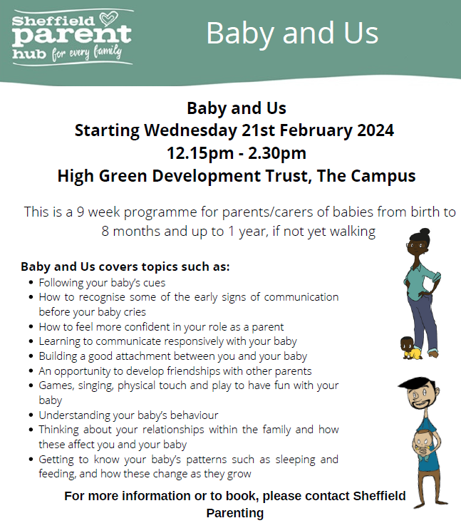 Baby and Us programme 👇 This is a 9 week programme for parents/carers of babies from birth to 8 months and up to 1 year, if not yet walking. For more information or to book, please contact Sheffield Parenting: 📞0114 2057243 📧sheffieldparenting@sheffield.gov.uk