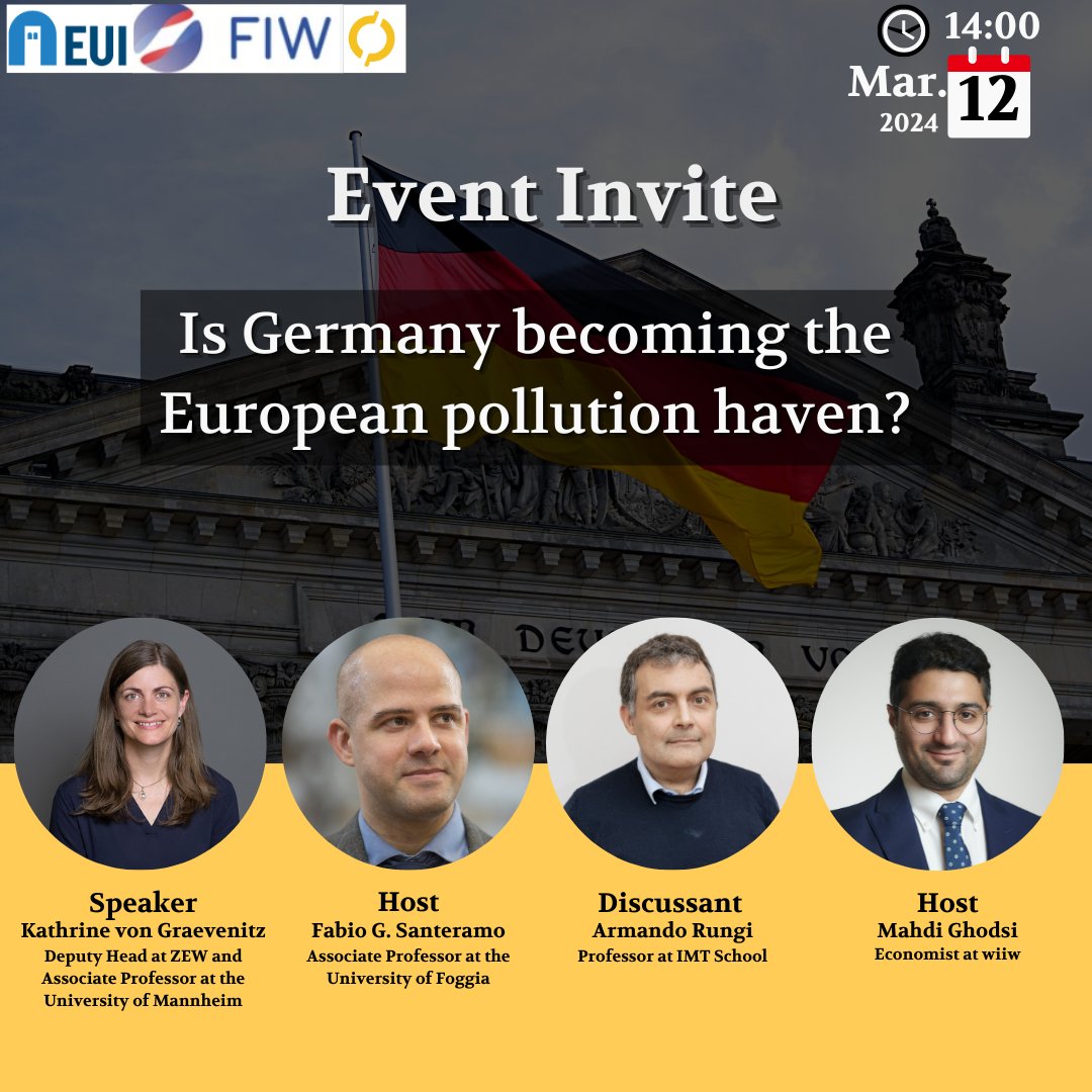 On 12 March at 14:00 @FabioGSanteramo & @MMGhodsi will host @KGraevenitz (speaker) & @armrungi (discussant) to present: 'Is Germany becoming the European pollution haven?' webinar organised by @wiiw_ac_at @CentreFiw-@EUI_GlobGovProg Registration: bit.ly/4a0wqSl