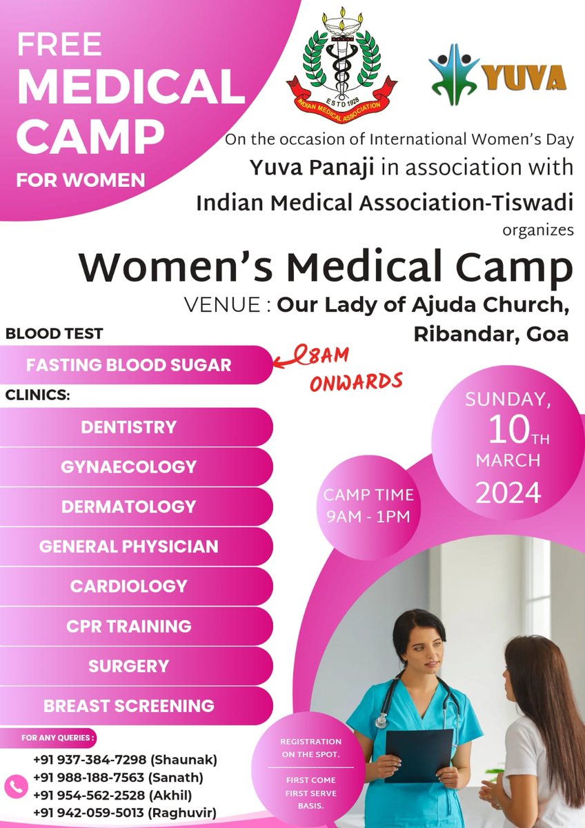Please share with your near and dear ones in Goa! Free Medical Clinic for Women on #InternationalWomensDay2024 organised by @yuva_panaji Empowering women's health
