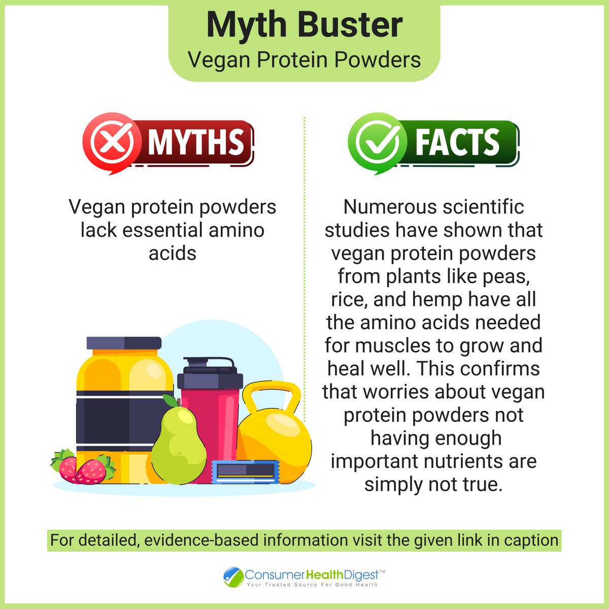 ConsumerHDigest's tweet image. Discovering the Truth: Myth vs Fact about Vegan Protein Powders! 💪🌱 Get the scoop on vegan protein powders! Find out what&apos;s real and what&apos;s not as you explore the best options for your plant-powered fitness journey. 🏋️‍♂️ shorturl.at/tuyJL #veganprotein #consumerhealthdigest
