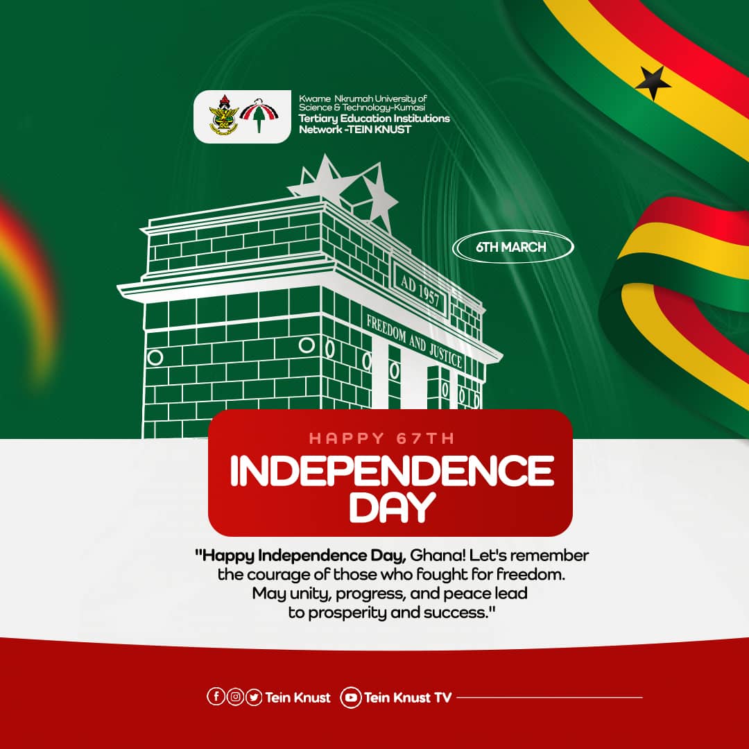 DOPeprah's tweet photo. 🔴🟢⚪⚫🔴🟢⚪⚫

It's the 67th independence anniversary of Ghana. Let us be architects of change, building bridges of understanding and sowing seeds of empathy in society. 
*Happy Independence Day!!!*

*TEIN-KNUST* https://t.co/QO0FK90WZ4