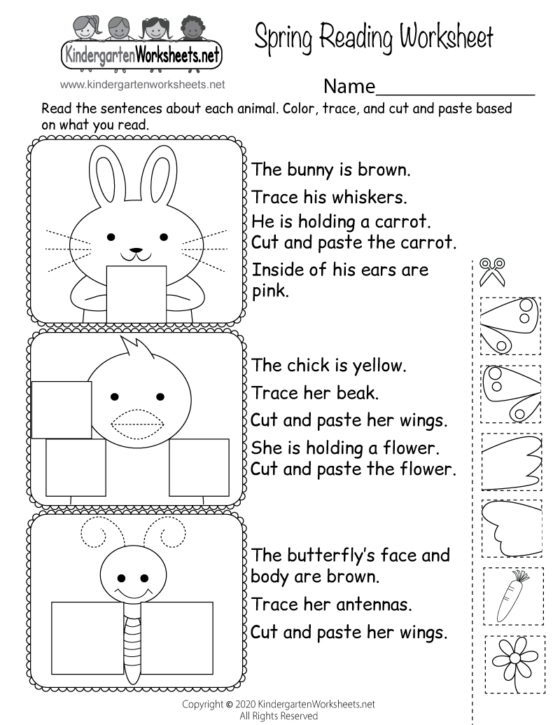 This free printable spring-themed reading worksheet helps children hone  their reading and comprehension skills through engaging activities such as  tracing, coloring, and cut-and-paste fun. You can download and print it  right now:, image size:800x1035
