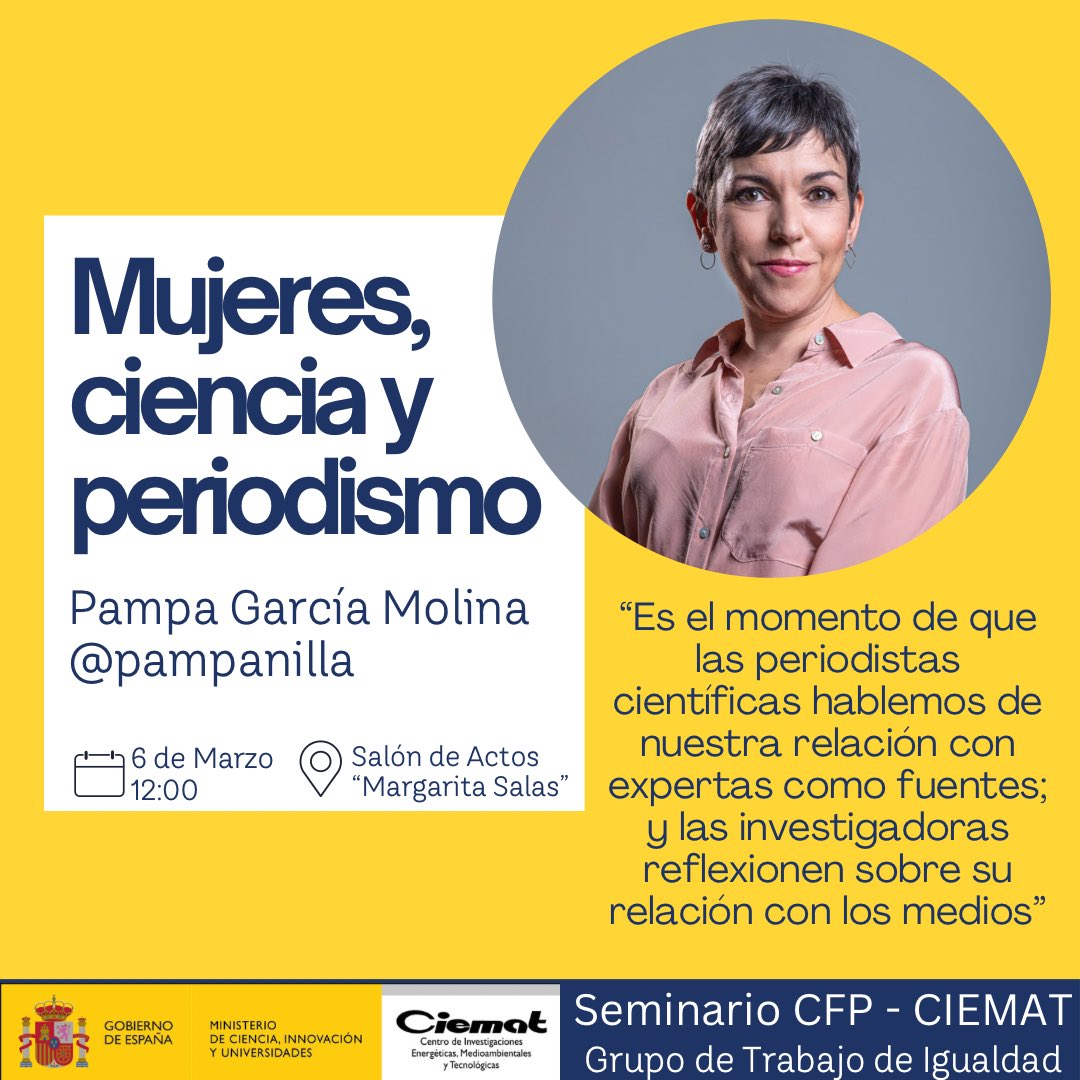 Os esperamos en la conferencia de Pampa García Molina @pampanilla a las 12:00 en el salón de Actos Margarita Salas del CIEMAT