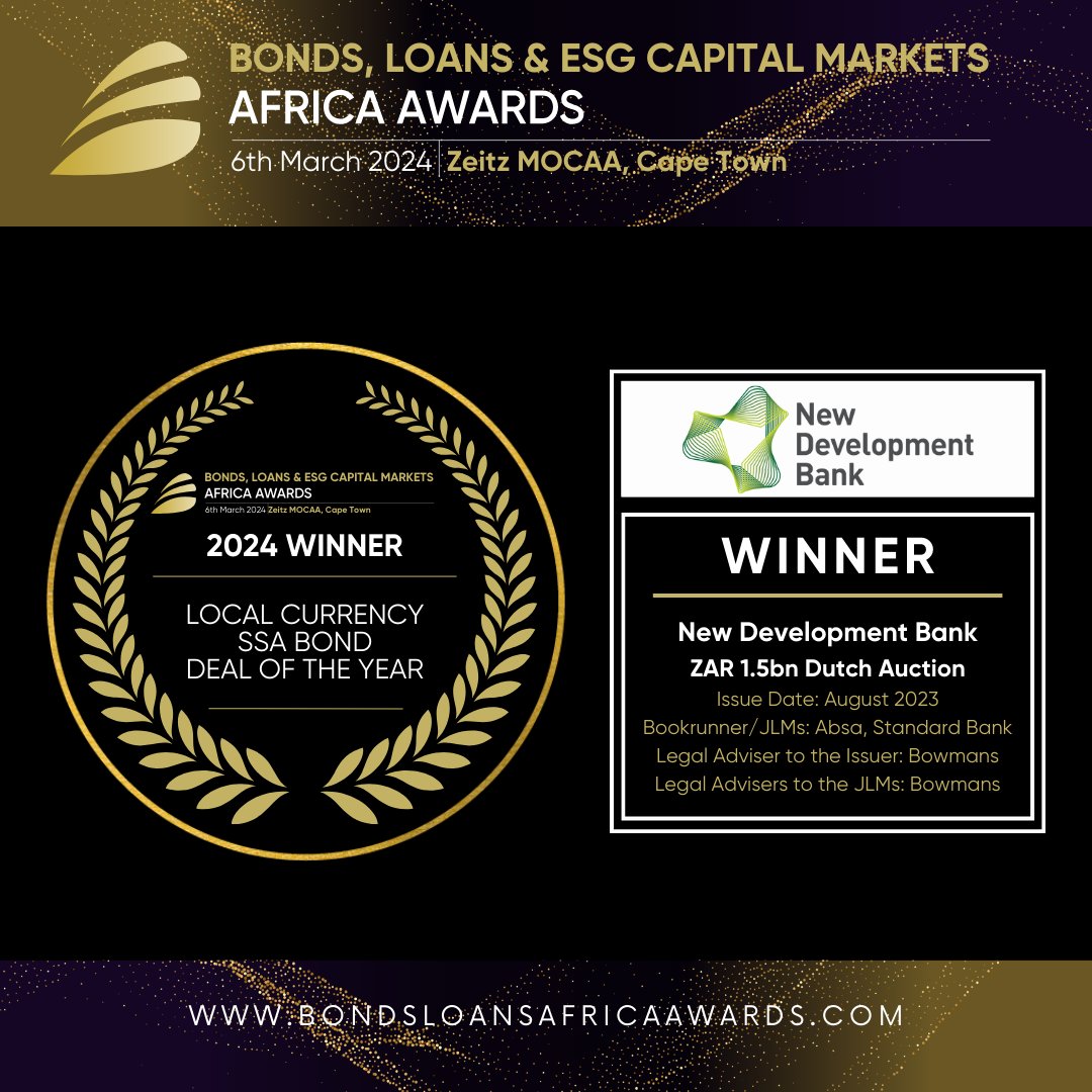 🏆 NDB receives the prestigious Local Currency SSA #DealoftheYear Award for its inaugural South African bond of ZAR 1.5 billion. The award, given by @GFCMediaGroup, signifies the market’s positive response to NDB's commitment to leading sustainable finance in #EMDCs.

#NDBImpact