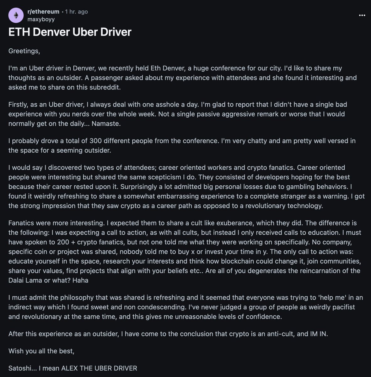 ALEX THE UBER DRIVER reports from EthDenver #ethereum