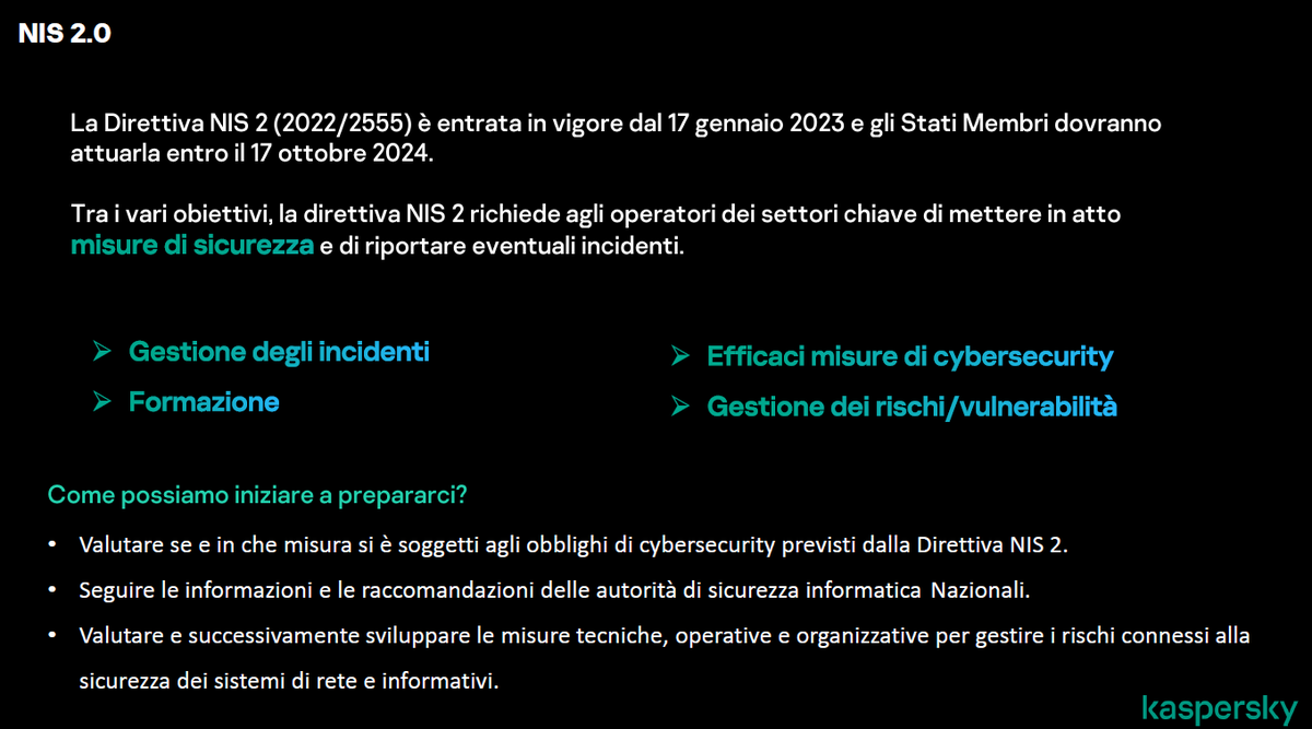 KasperskyLabIT's tweet image. La direttiva NIS 2: allargare i perimentri di sicurezza e adeguare i livelli di sicurezza alle attuali minacce con processi ben definite su risposte a incidenti e comunicazione degli incidenti stessi

#webinar #ics #sicurezzainformatica #industria #cybersecurity