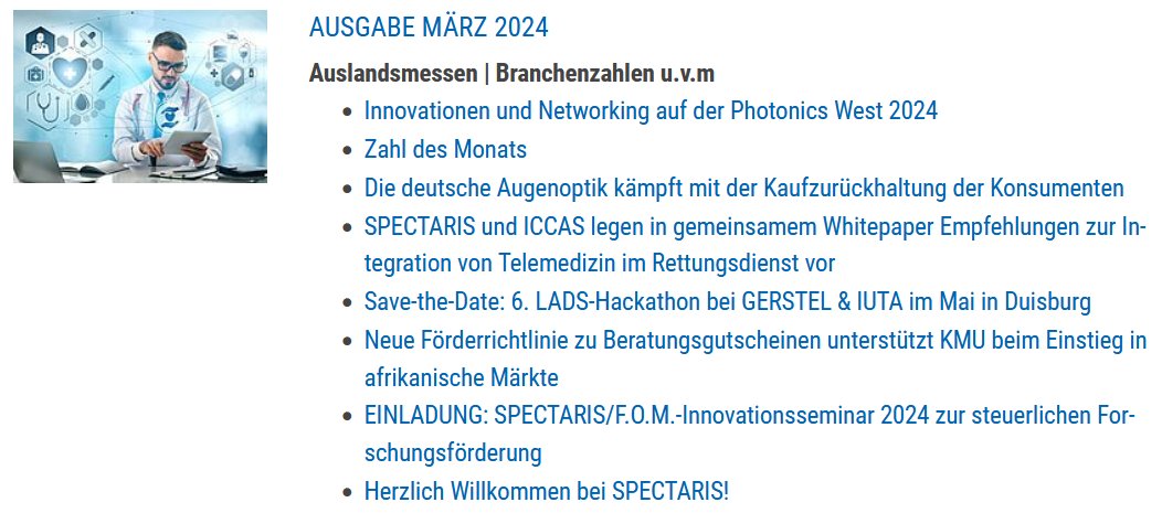 Die März-Ausgabe des SPECTARIS-Newsletters ist da! Themen in diesem Monat sind u. a.   

➡ SPECTARIS und das BMWK gehen gemeinsam neue Wege im Kampf gegen den Fachkräftemangel

➡️Die deutsche Augenoptikbranche ringt mit Verbraucherzurückhaltung

Mehr 👉 t.ly/Cz7ef