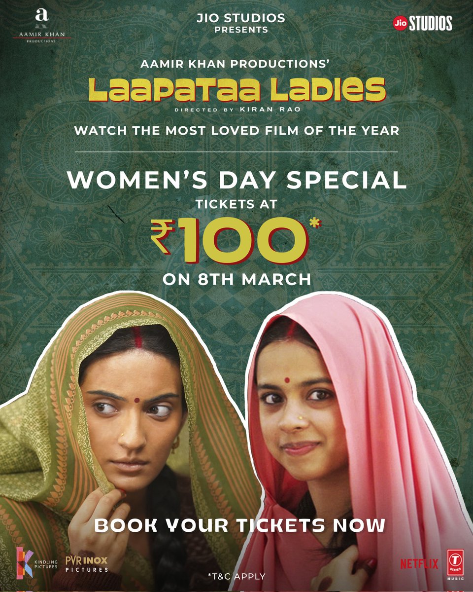 Special offer to watch our #LaapataaLadies with your ladies now in your near cinemas, to aa rahe hai naa aap? 🌸

Book your tickets now - bookmy.show/LaapataaLadies

@nitanshi_goel @PratibhaRanta #SparshShrivastava @ravikishann #Aamirkhan #KiranRao #JyotiDeshpande @AKPPL_Official…