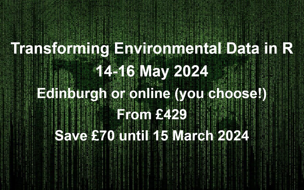 .
training <a href="/UK_CEH/">UKCEH</a>
Transforming Environmental Data in R
14-16 May 
From £429

Save £70! Early bird discount until 15 March
ceh.ac.uk/training/trans…

PL RP
<a href="/Claire_Carvell/">Claire Carvell</a> <a href="/ClareRowland_UK/">Clare Rowland</a> <a href="/ClimChangeSoil/">Sabine Reinsch</a> <a href="/CMBB_HWU/">CMBB Heriot-Watt Uni</a> <a href="/IIEGradSchool/">IIE @ Heriot-Watt</a> <a href="/COSMOS_UKCEH/">COSMOS-UK</a> @CosmosCEH <a href="/Daniel_Read/">Daniel Read</a> <a href="/DavidRoyBRC/">David Roy 🐛</a>