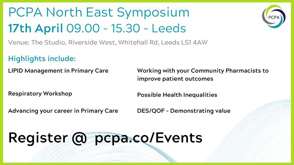 📣Calling all primary care pharmacy professionals! Registration is now open for the @pcpa_org North East Symposium on 17th April in Leeds ⭐️ Sign up here pcpa.co/LEEDS2024 (It’s free!) 🤩 Sure to be a great day of learning & networking @pharmacysue @laurabutroid @laulok
