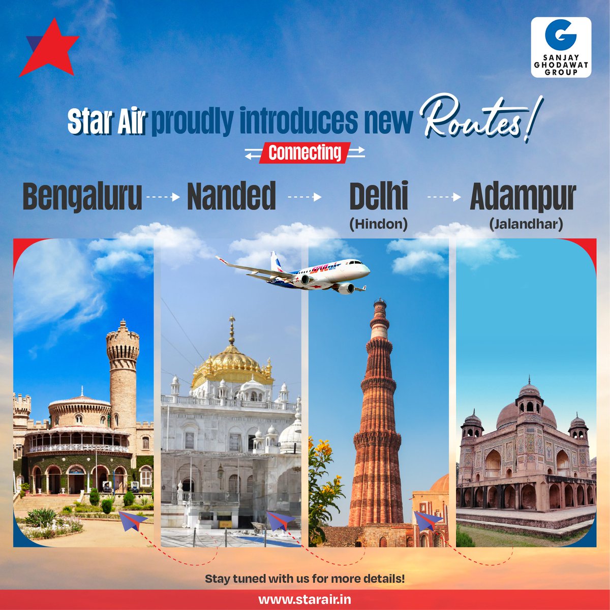 Exciting times ahead! We are pleased to announce a new route launch: Bangalore - Nanded - Hindon - Adampur. Stay tuned for more information!🌟#NewDestinations #FlyStarAir #FlyWithEase #Bengaluru #Nanded #Hindon #Adampur